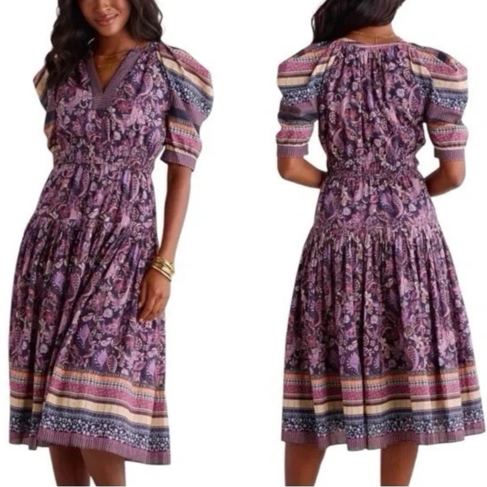 Current Air Rachel Midi Dress XS Purple Paisley Floral Puff Sleeve Boho Cottage